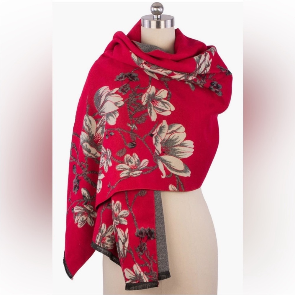 NEW Large Luxurious SAACHI Floral Reversible Red & Gray Scarf Shawl
